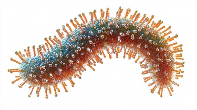 Vibrio Microscopic render of curved vibrio bacterium detailed with flagella isolated with a white background