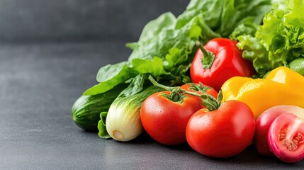 Fresh vibrant vegetables, colorful and healthy. A selection of crisp and juicy produce, including various peppers, tomatoes, cucumbers, lettuce, and spinach, arranged on a dark surface