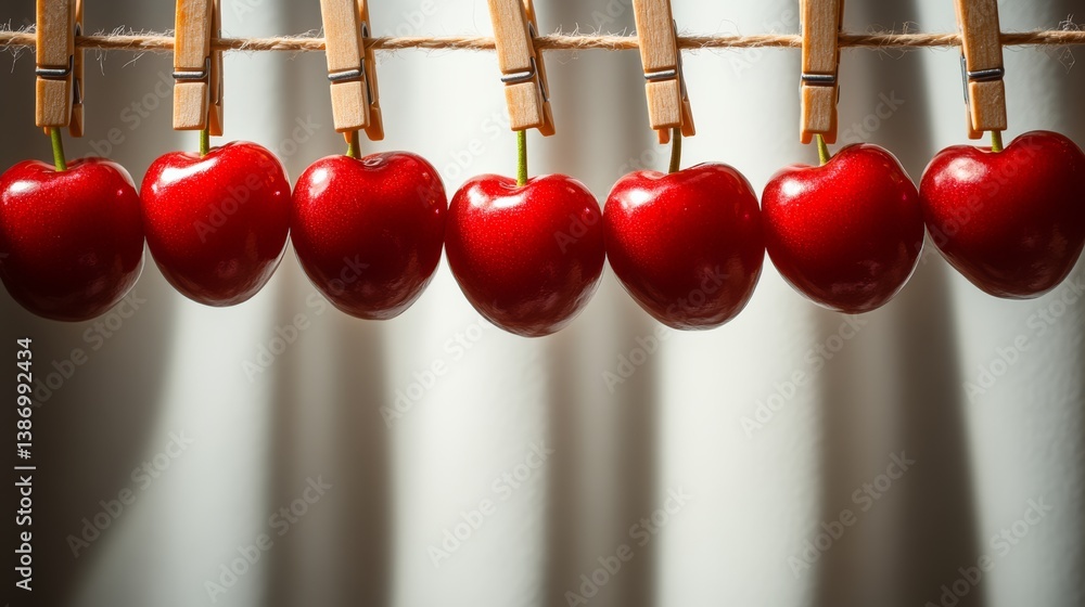 Poster a row of red cherries hanging from a clothesline. the cherries are all the same size and shape, and 