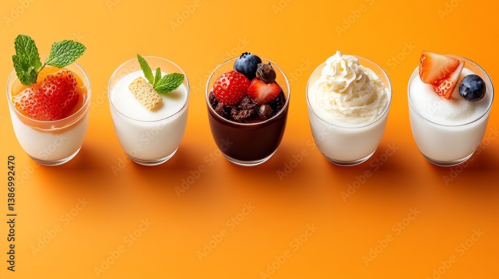 Aufkleber a row of five dessert cups with different flavors and toppings. the cups are arranged in a row on a 