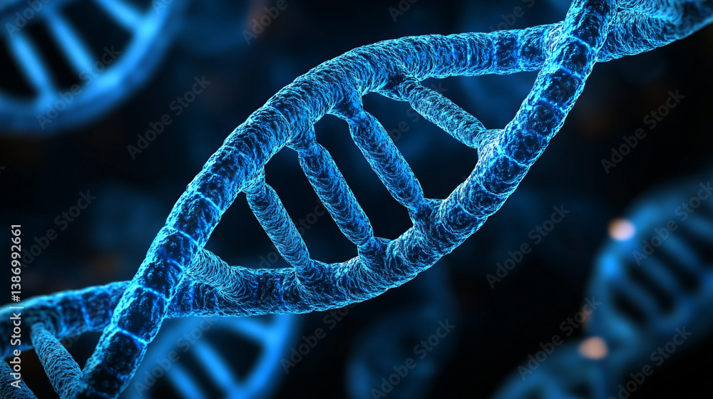 Poster close up of a blue dna double helix structure against a dark background with blurred elements around