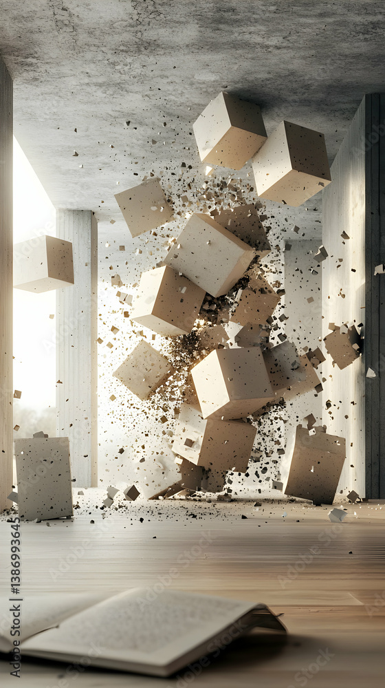 Poster abstract 3d rendering of exploding beige cubes in modern room