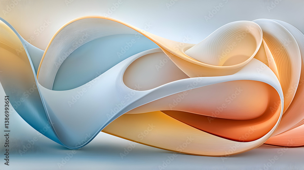 Poster abstract 3d rendering of flowing forms with orange and blue gradient