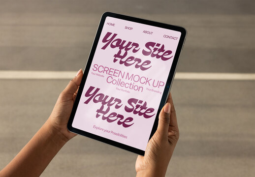 Mockup Tablet Screen Held in Hand With Reflection. Psd vertical screen mockup