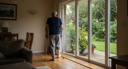 Fototapeta premium Elderly Man Using Crutches, Indoor Lifestyle Photograph, Summer Day AI Generated