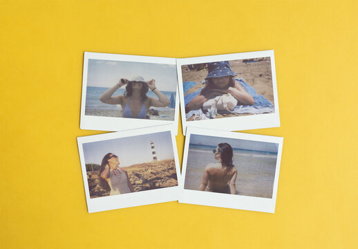 Mockup of Four blank polaroid frames arranged neatly on a vibrant yellow background