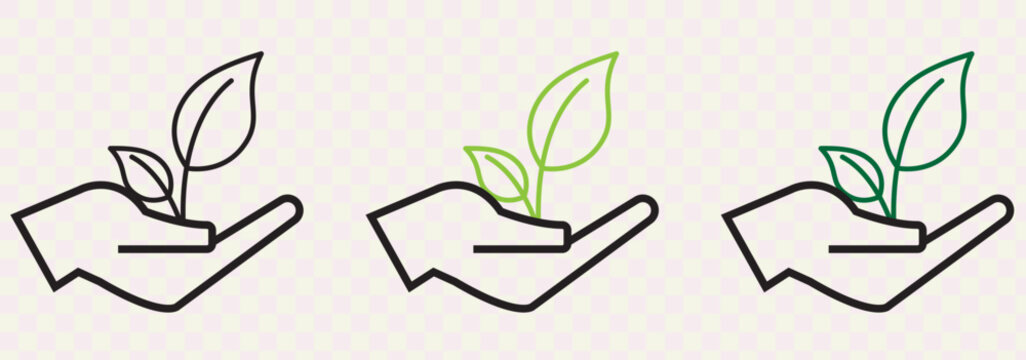 Hands holding soil with plant flat line icon. Vector thin sign of environment protection, ecology concept logo. Agriculture illustration
