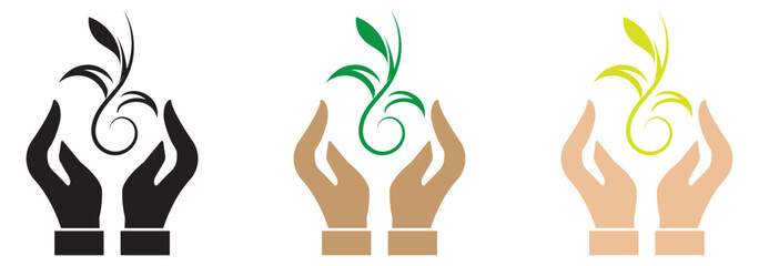 Hand holding plant icon. Hand with plant growth in black flat glyph, filled style isolated on white background
