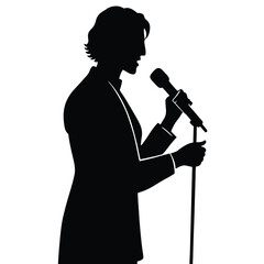 Silhouette Of A Male Singer Performing With Microphone On Stage Vector Illustration.
