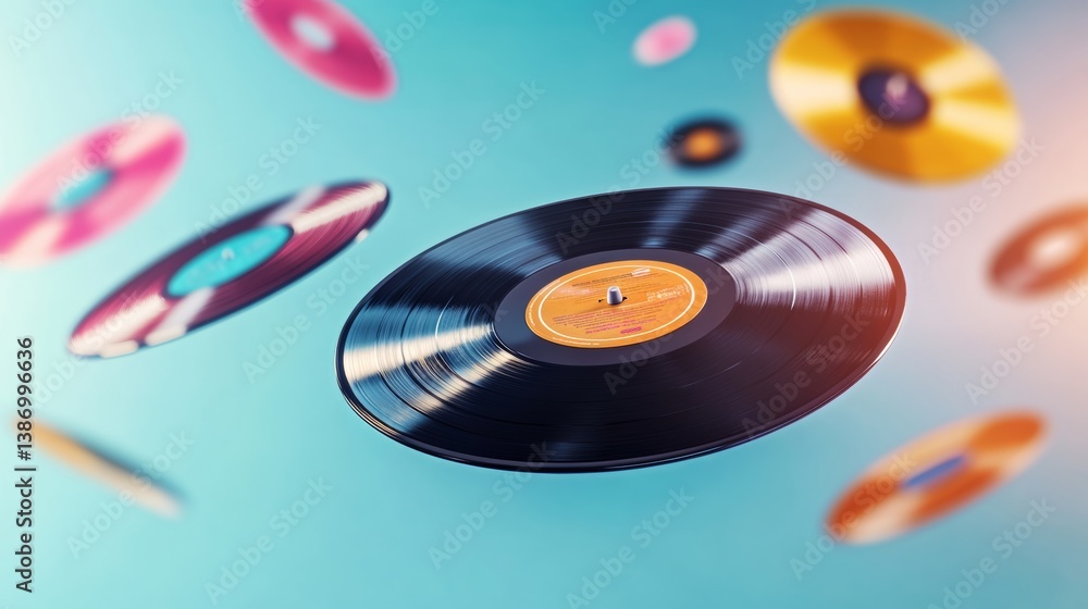 Aufkleber a collection of old records are floating in the air. the records are of various colors and sizes, an
