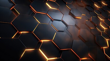 3D Rendering of abstract hexagon metal texture with golden light background