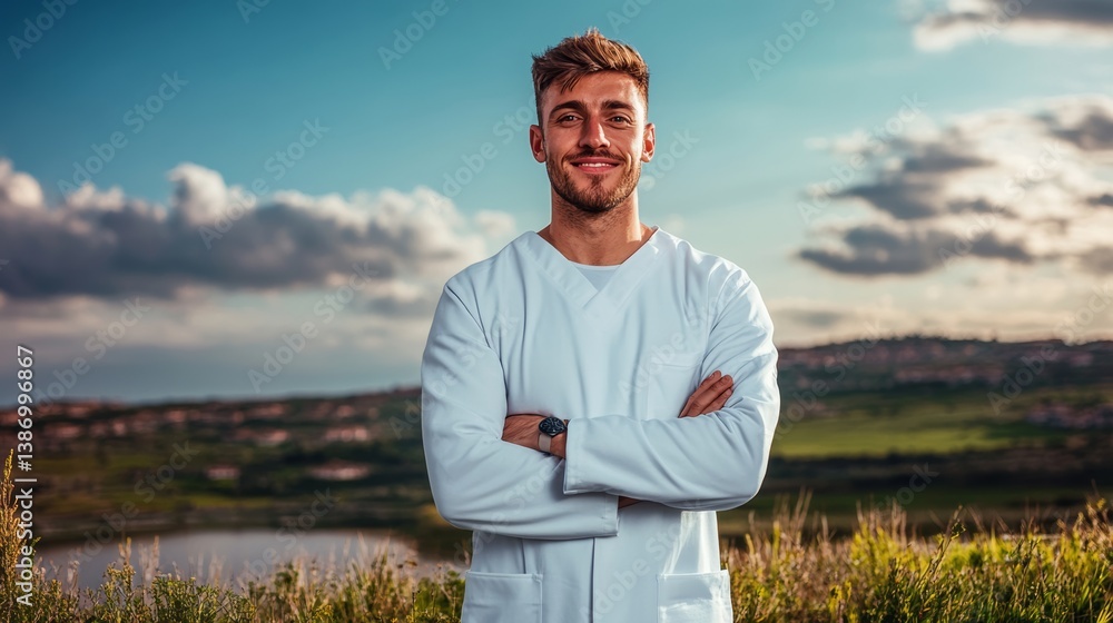 Poster a man in a white lab coat is standing in a field with his arms crossed. he is smiling and he is enjo