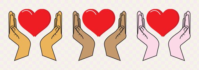 Heart in hand icons set. Hands holding heart icon. Love icon. Health, medicine symbol. Healthcare hands holding heart flat and line style - stock vector