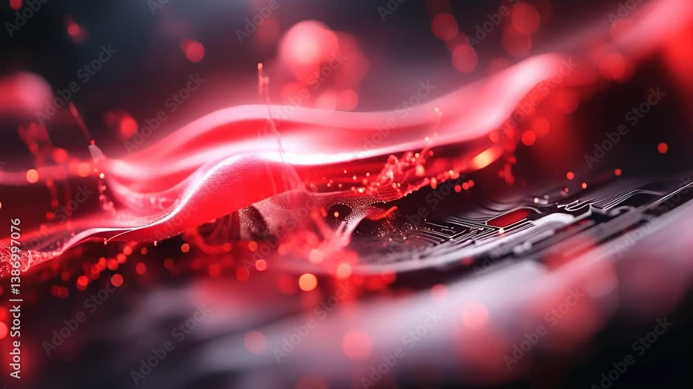 Aufkleber dynamic red energy wave flowing over dark circuit surface with glowing particles