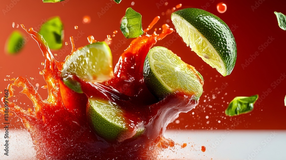 Poster a splash of red and green juice with lime slices in it. the lime slices are cut in half and are floa