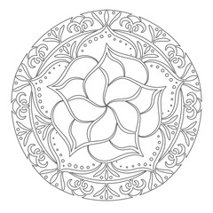 Contour mandala ornament for coloring and scrapbooking. Symmetrical pattern in Tantric yoga of Buddhism and Hinduism. A design element for the development of a color composition