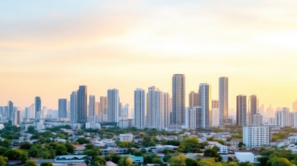 Fototapeta premium Cityscape at sunset, blurred view of high-rise buildings and residential areas