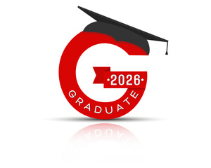 Stylized letter G with the inscription Graduate 2026 and the graduate cap. Simple stock design isolated on a white background for design and decoration