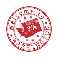 Welcome to Washington. A worn stamp with a silhouette of the state and an abbreviated designation. Print impression, a template for creative design