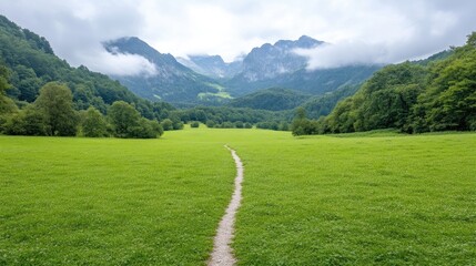 A winding path cuts through a vibrant green meadow. Lush greenery borders the path, leading to a backdrop of majestic mountains partially shrouded in clouds. The image is high-resolution, showcasing