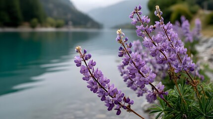 mountain river valley in full bloom, tall purple-pink lupines lining riverbanks, Generative AI