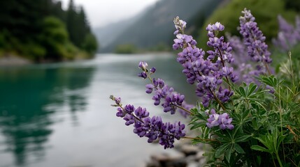 mountain river valley in full bloom, tall purple-pink lupines lining riverbanks, Generative AI