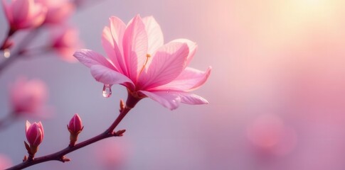 Obraz premium A Delicate Pink Blossom with a Morning Dewdrop, Softly Illuminated by the Rising Sun's Gentle Glow