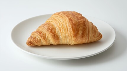 A freshly baked croissant resting on a white plate, showcasing its flaky texture.