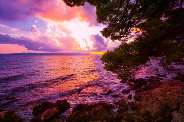 Fototapete Rund Warmes Lila spectacular morning landscape in Croatia, Brela resort, Makarska riviera, Dalmatia, Europe   © Rushvol