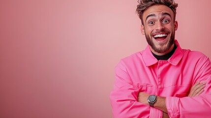 Obraz premium A man in a pink shirt is smiling and holding his arms crossed. The image has a bright and cheerful mood, with the pink color and the man's happy expression