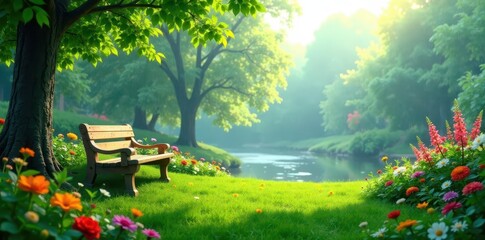 Naklejka premium Serene park bench beside a tranquil stream, bathed in the warm glow of morning sunlight, surrounded by vibrant blossoms and lush green grass