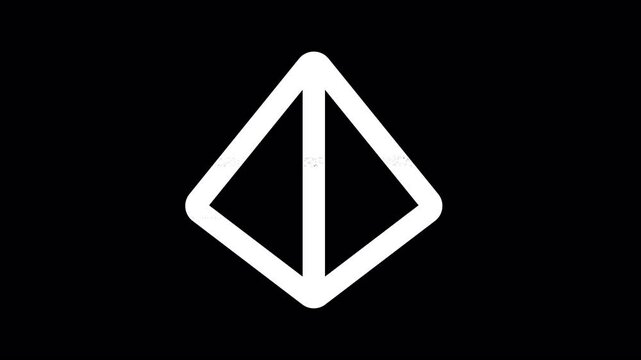 Icon dice d4 is distorted. Glitch. Noise, chromatic aberration, geometric distortion. Transparent background, looped. In-Out looped. Alpha BW at the end