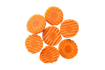 Wavy crinkle-cut carrot slices isolated on white. PNG cutout with clean edges, ideal for food styling, digital design, or recipe visuals