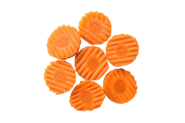 Wavy crinkle-cut carrot slices isolated on white. PNG cutout with clean edges, ideal for food styling, digital design, or recipe visuals