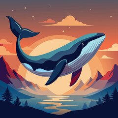 Naklejka premium Whale breaching at sunset over a serene lake surrounded by mountains and forests in a vibrant, colorful landscape Generative AI