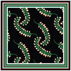 Obraz premium A square print scarf, black background features intertwining green vines with pink buds, framed by colorful stripes, it could be used as a wallpaper, fabric design, pillow cover and bag