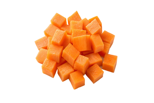 Fresh diced carrot cubes – Uniform square cuts with clear PNG transparency, isolated on a white background, ideal for design and culinary use