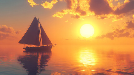 Fototapeta premium Vintage sailboat gliding across calm ocean at sunset ultra detail 4K