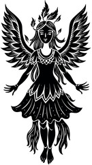 Obraz premium Ethereal figure with wings and flowing dress represents nature and freedom in artistic black silhouette design Generative AI