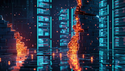 Shattered firewall with fragmented data and neon light reflections, cyber vulnerability concept