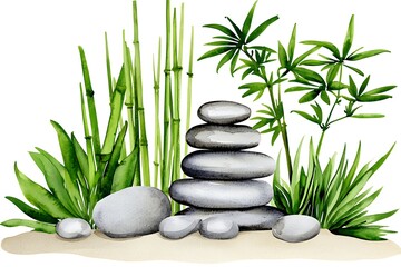 Peaceful Stone Stack Surrounded by Lush Green Plants and Bamboo