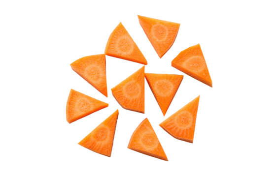 Carrot wedge slices in small triangular chunks isolated on a white transparent background for PNG cutout, perfect for digital design or food photography