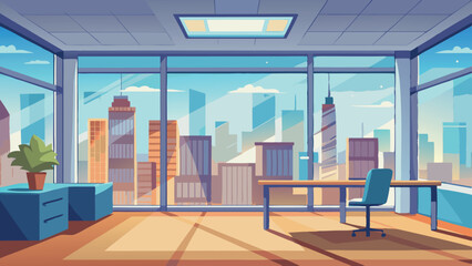 Modern office space with panoramic city skyline view during daylight providing a bright and inspiring atmosphere for work Generative AI