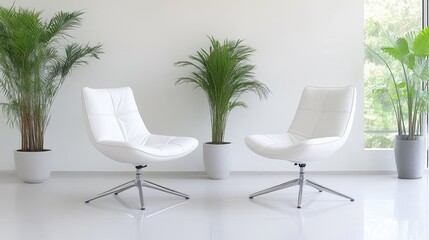 Modern, minimalist white chairs in a bright interior.  Two comfortable swivel armchairs, with a clean, contemporary design, situated in a bright, airy room.  Plants add a touch of natural elegance