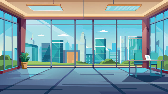 Modern office space with large windows overlooking city skyline and greenery in bright daylight Generative AI