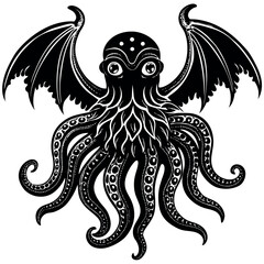 Cthulhu inspired octopus creature with bat wings in intricate black and white design Generative AI