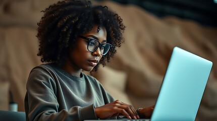 Woman with glasses using laptop computer indoors focused look