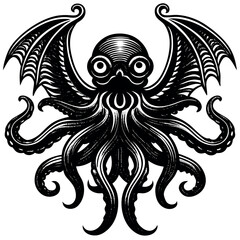 Intricate illustration of a fantastical octopus creature with bat wings and exaggerated features in a bold black-and-white design Generative AI