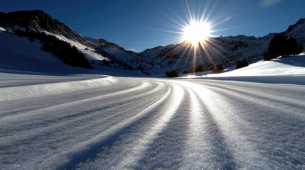 Snowy mountain road at sunrise.  Clear blue sky, bright sun, and snow-covered mountain paths