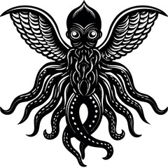Obraz premium Unique black and white illustration of a mythological creature with wings and octopus tentacles Generative AI
